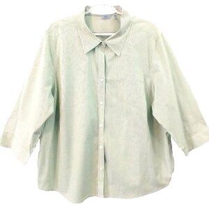 IZOD Women’s Blouse 3/4 Sleeve Button Up Green Mini Stripe Cotton Stretch - 2X